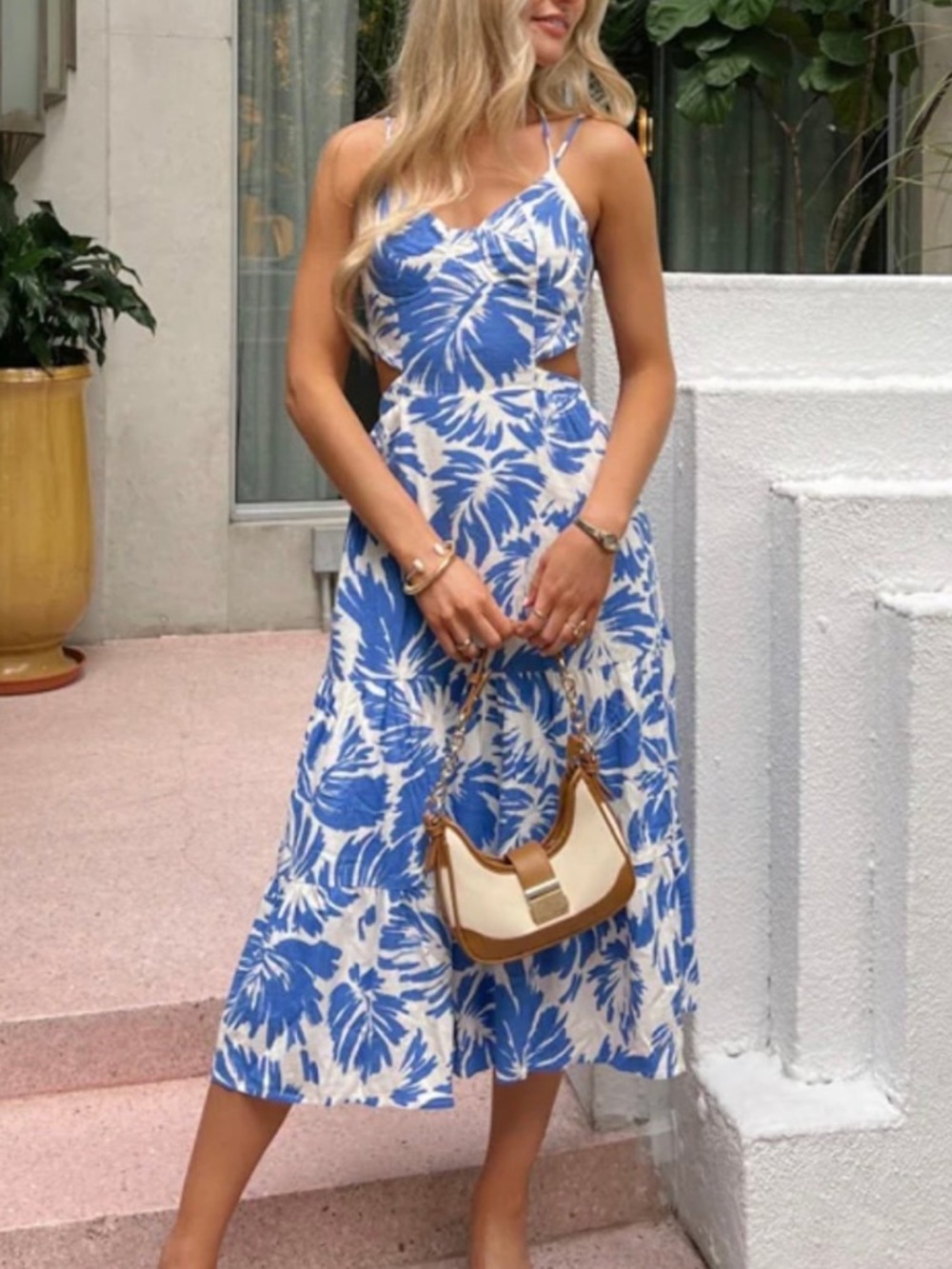 Vestique Linen Blue and White Palm-Print Spaghetti Strap Midi Dress